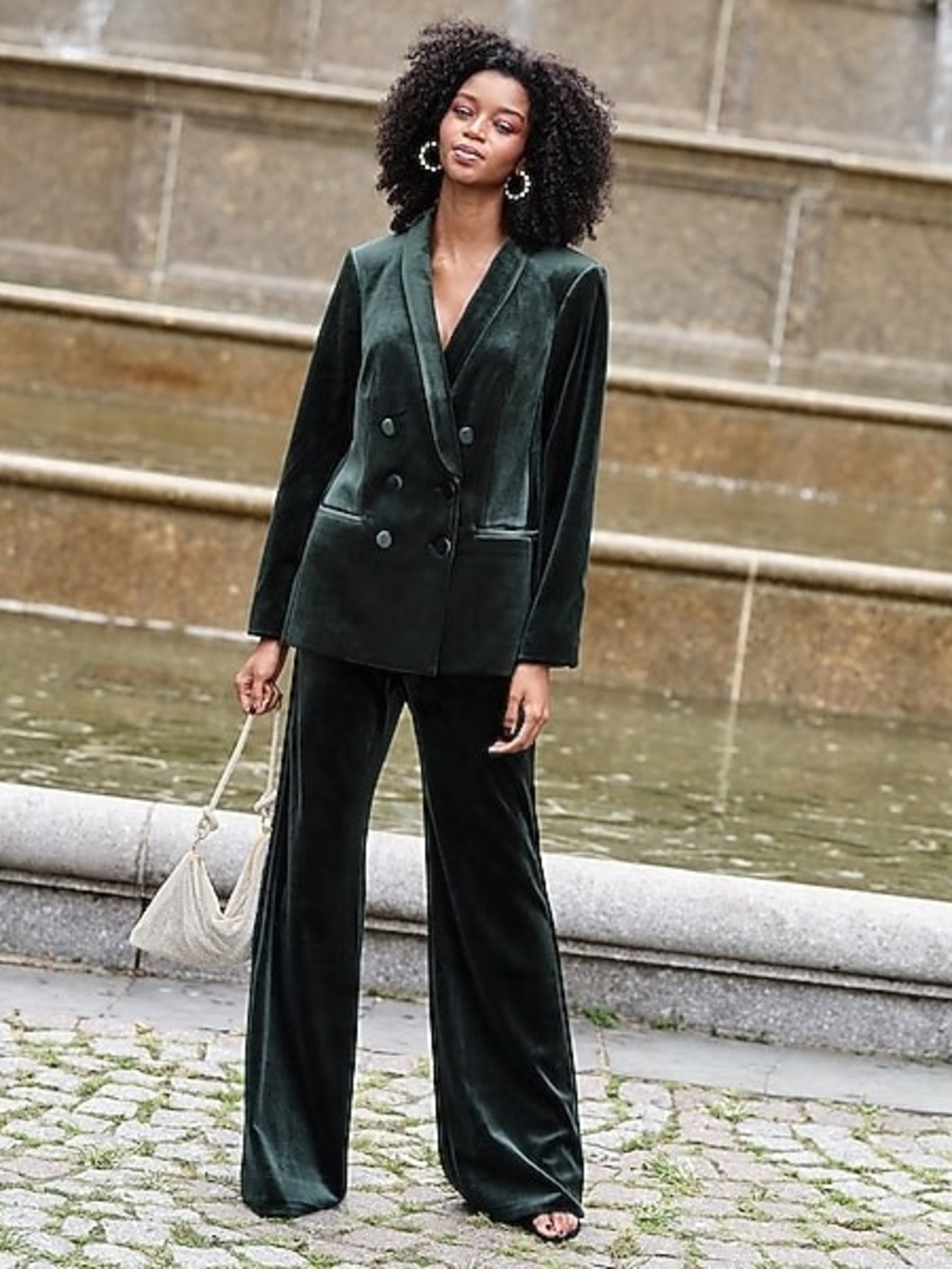 SET- Women's Dark Green Velvet Double-Breasted Blazer + Wide Leg Pants